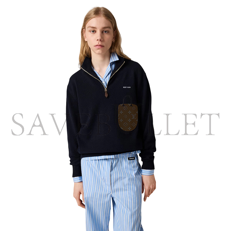 MIU MIU CASHMERE AND LEATHER ZIPPER SWEATER MMLB75